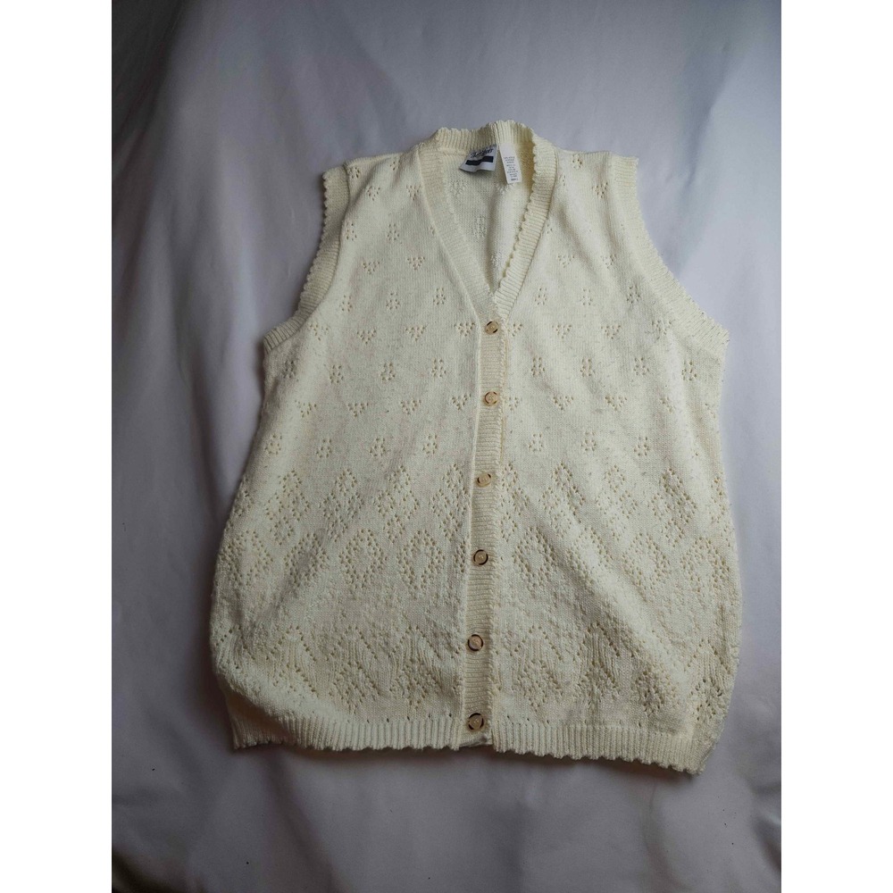 Vintage The Villager Cream Pointelle Knit Cardigan Vest Scalloped Small Womens